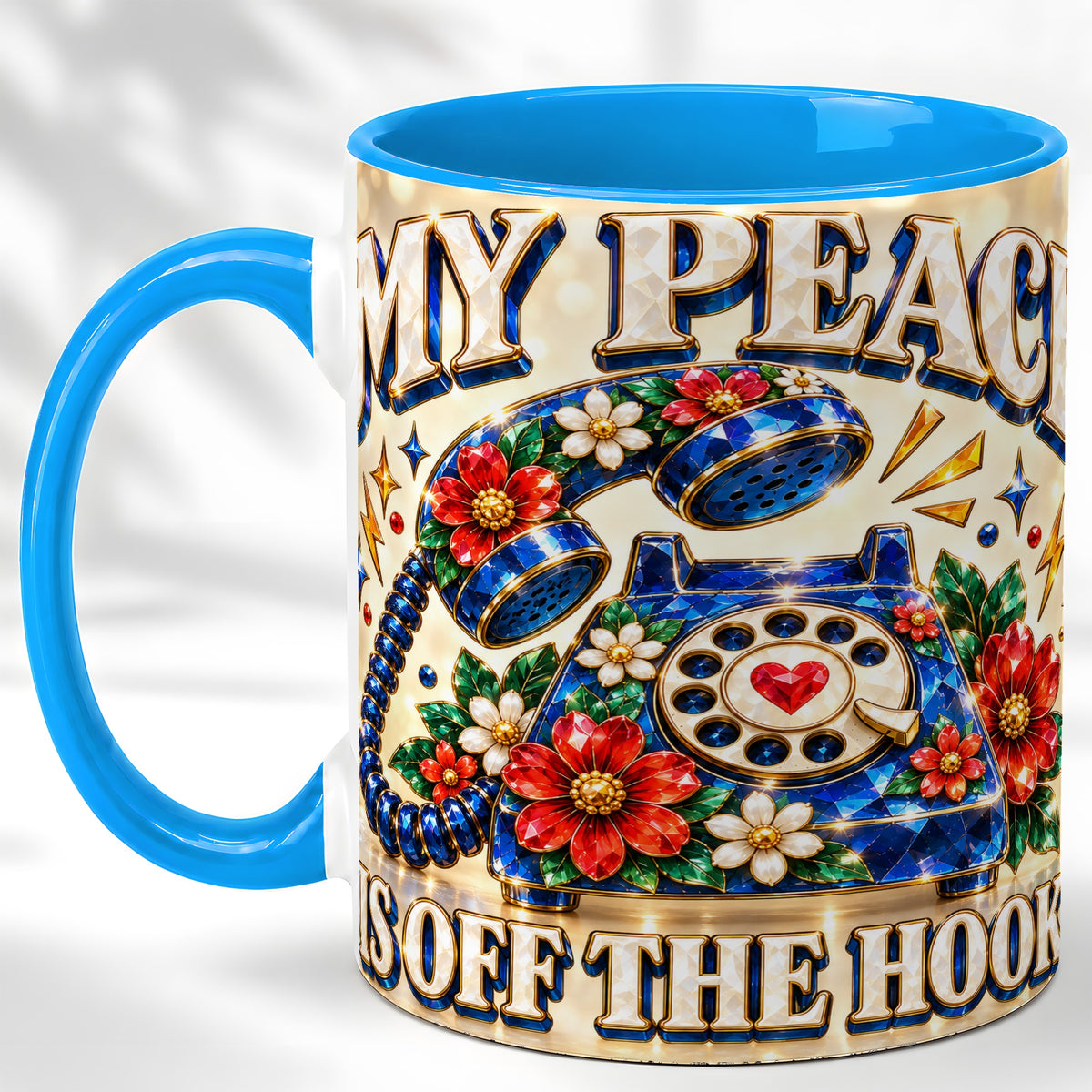 #pl[11oz|Blue] Jeweled Rotary Phone Coffee Mug, Floral Quote Mug, Ceramic Cup