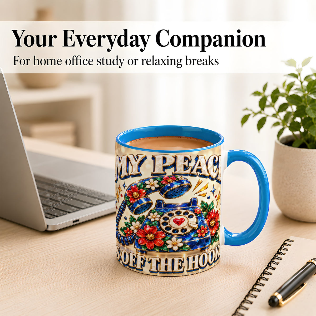 #pl[11oz|Blue] Jeweled Rotary Phone Coffee Mug, Floral Quote Mug, Ceramic Cup