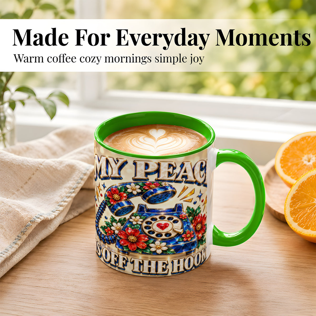 #pl[11oz|Green] Jeweled Rotary Phone Coffee Mug, Floral Quote Mug, Ceramic Cup