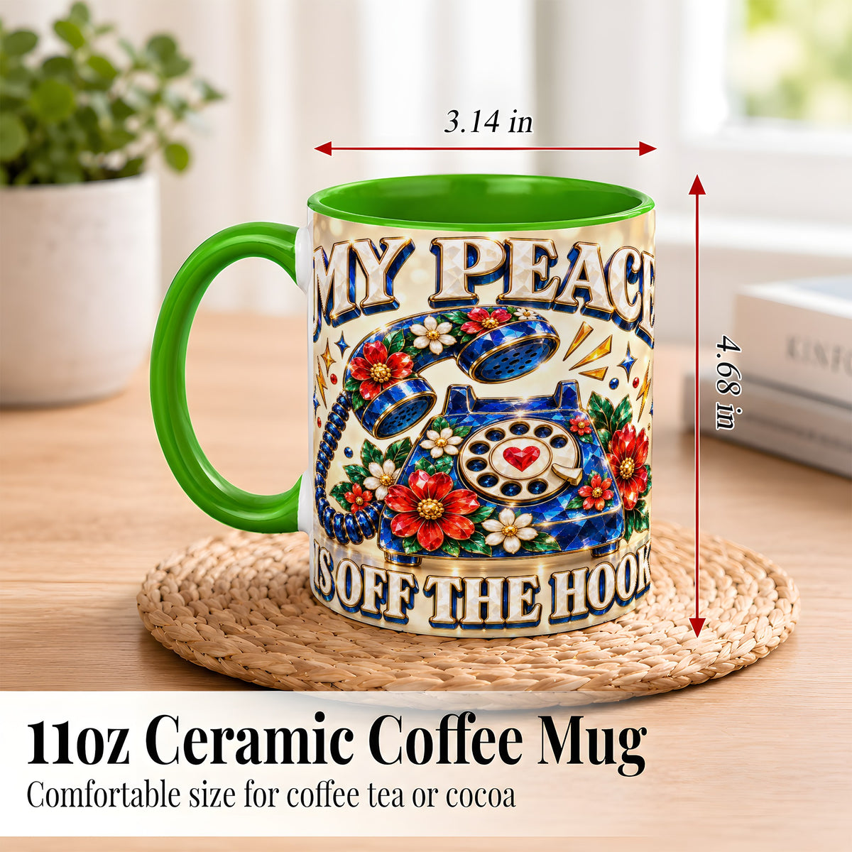 #pl[11oz|Green] Jeweled Rotary Phone Coffee Mug, Floral Quote Mug, Ceramic Cup