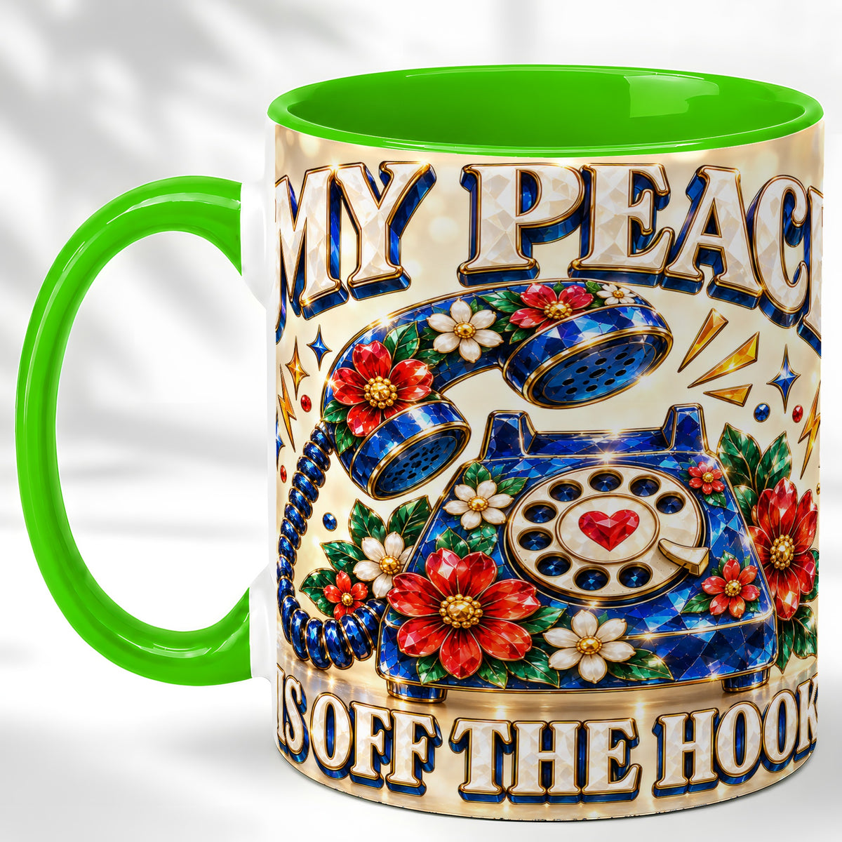 #pl[11oz|Green] Jeweled Rotary Phone Coffee Mug, Floral Quote Mug, Ceramic Cup