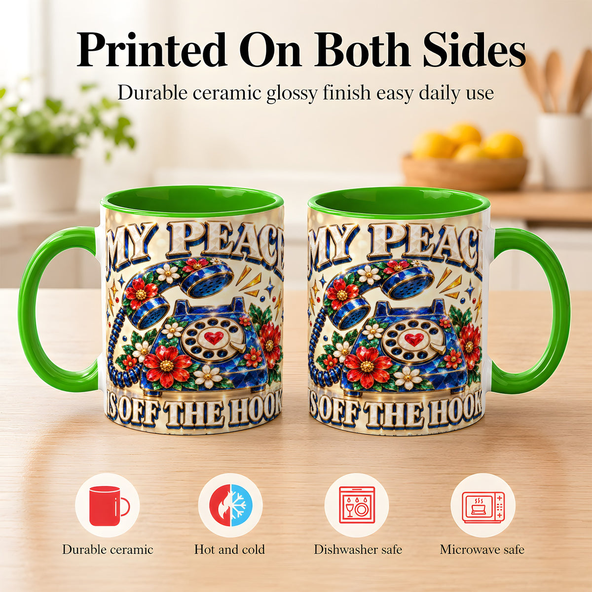 #pl[11oz|Green] Jeweled Rotary Phone Coffee Mug, Floral Quote Mug, Ceramic Cup