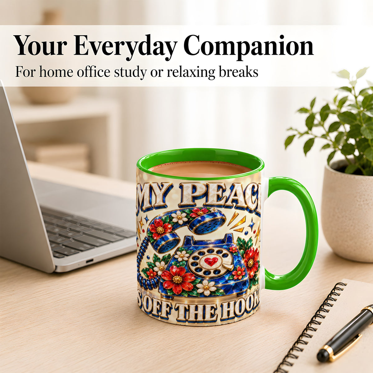 #pl[11oz|Green] Jeweled Rotary Phone Coffee Mug, Floral Quote Mug, Ceramic Cup