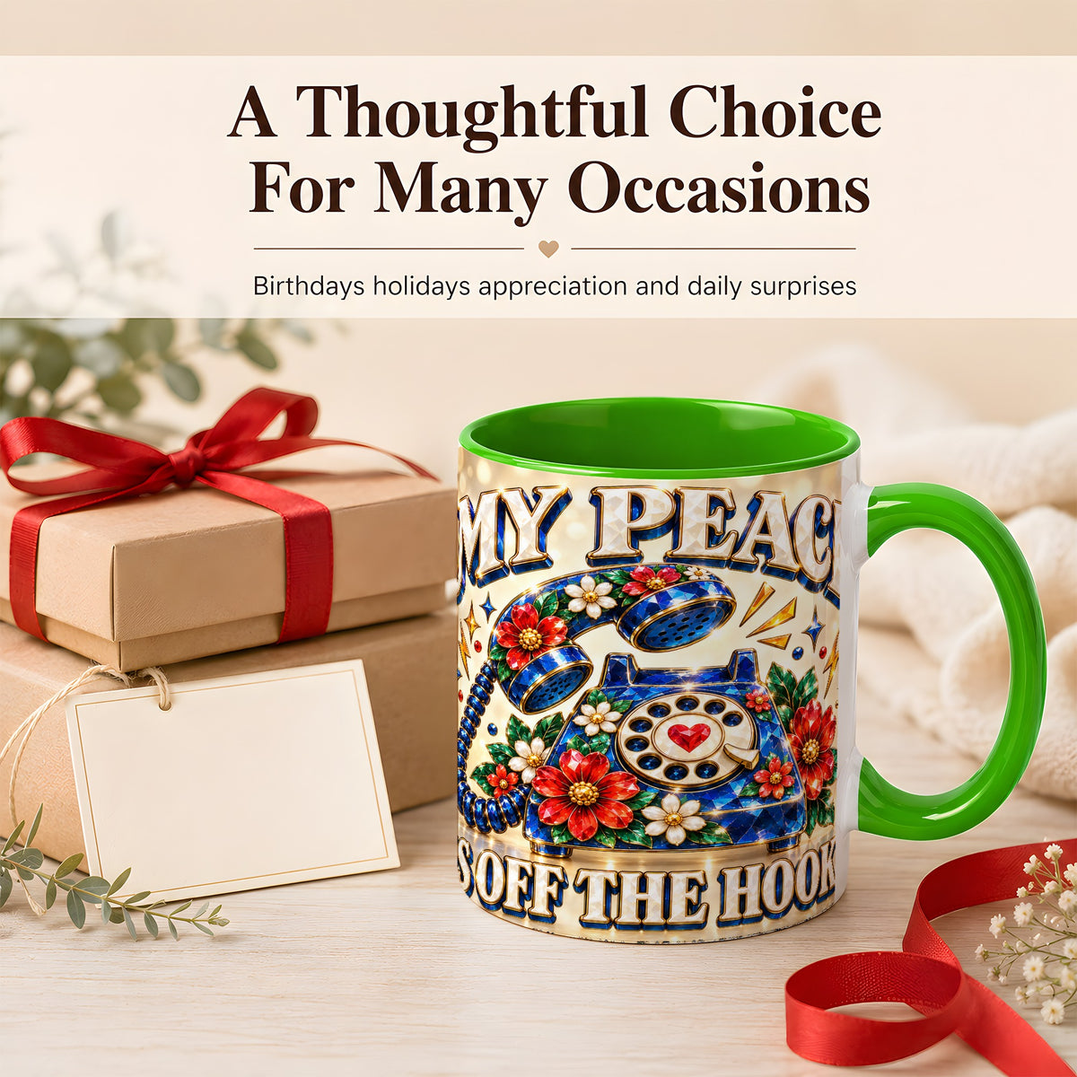 #pl[11oz|Green] Jeweled Rotary Phone Coffee Mug, Floral Quote Mug, Ceramic Cup