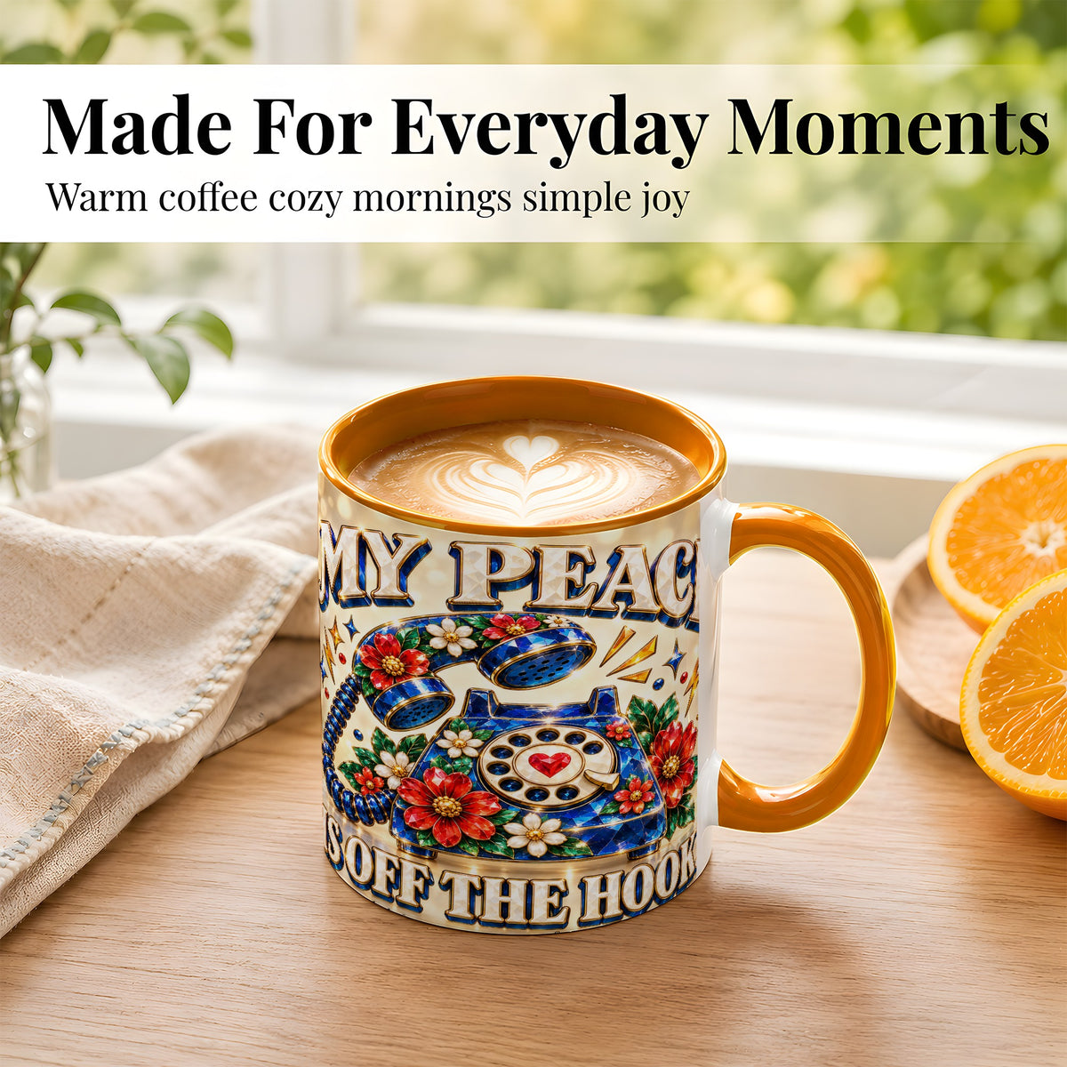 #pl[11oz|Orange] Jeweled Rotary Phone Coffee Mug, Floral Quote Mug, Ceramic Cup
