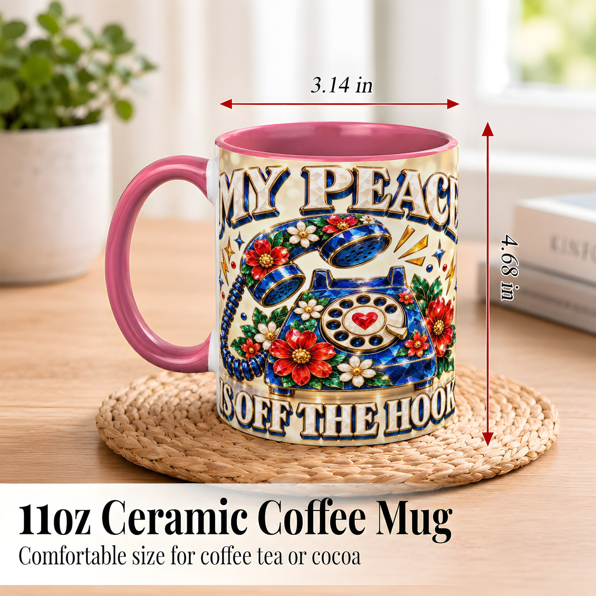 #pl[11oz|Pink] Jeweled Rotary Phone Coffee Mug, Floral Quote Mug, Ceramic Cup