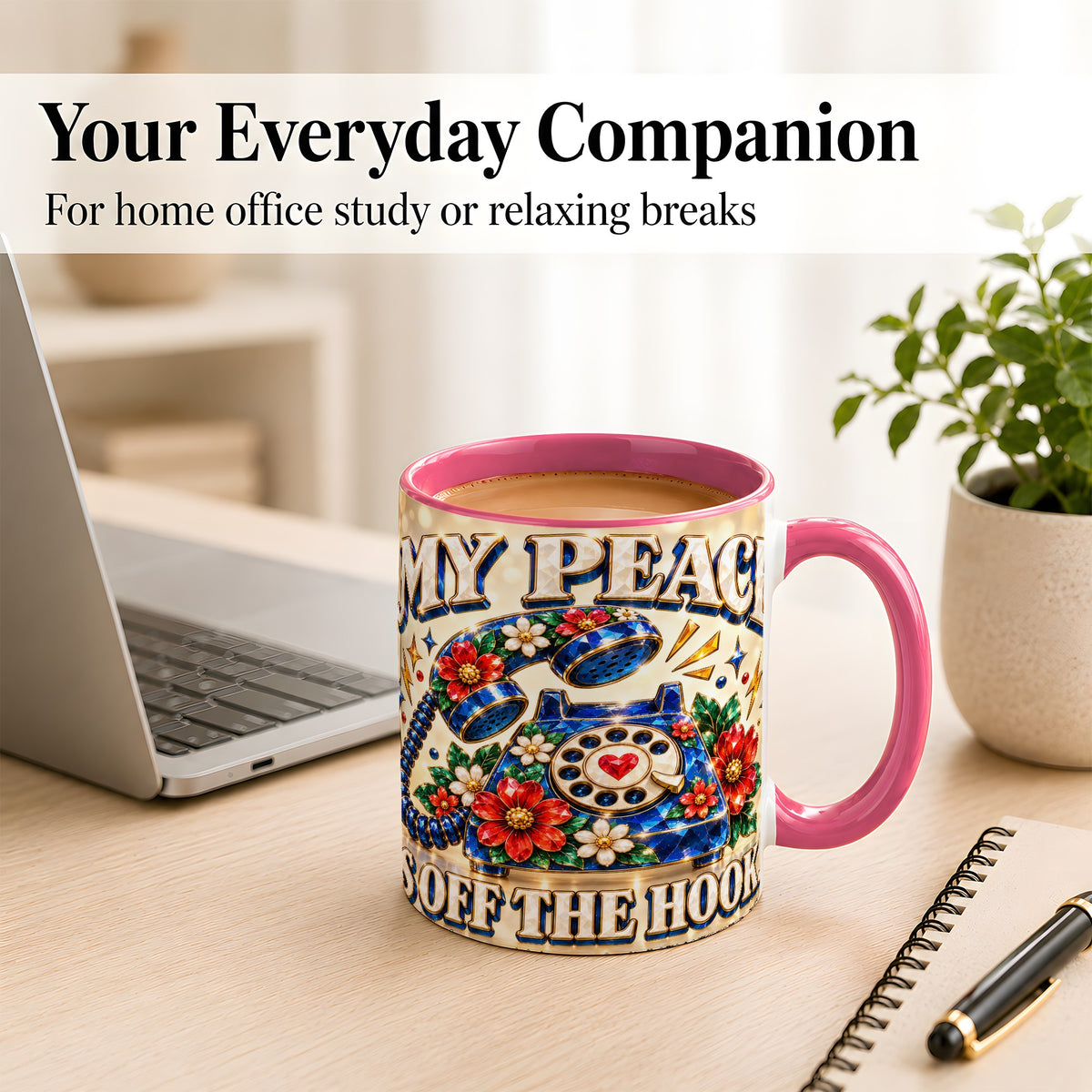 #pl[11oz|Pink] Jeweled Rotary Phone Coffee Mug, Floral Quote Mug, Ceramic Cup