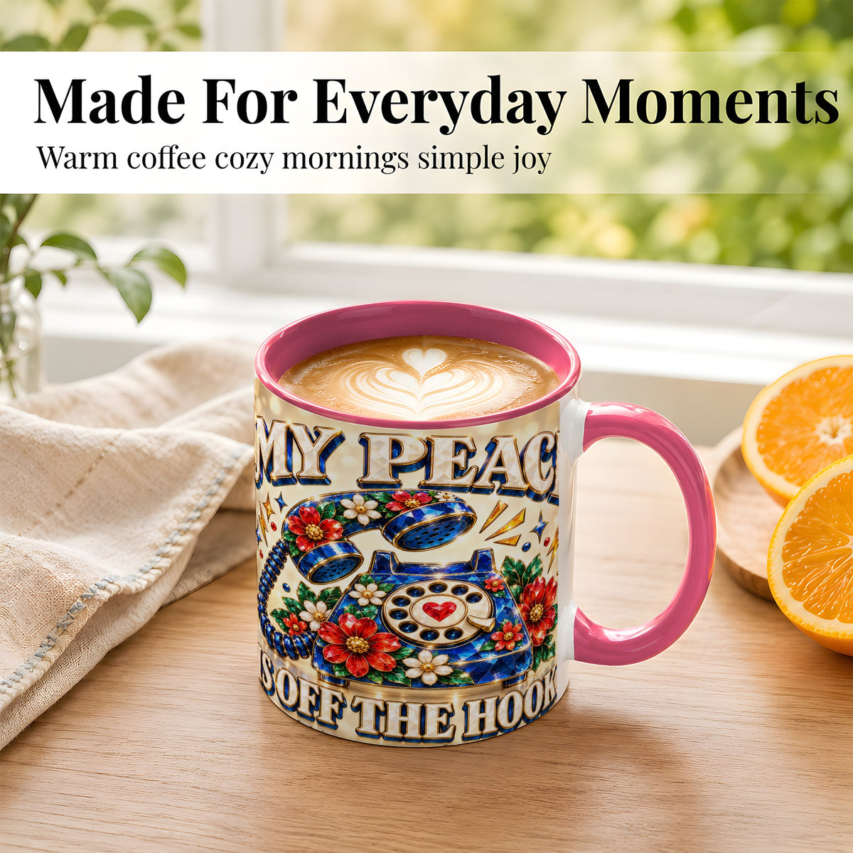 #pl[11oz|Pink] Jeweled Rotary Phone Coffee Mug, Floral Quote Mug, Ceramic Cup