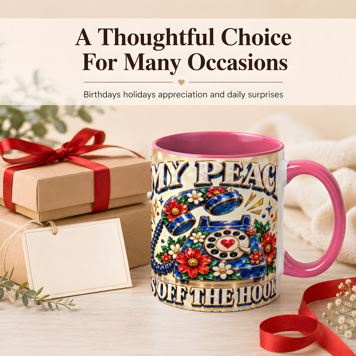 #pl[11oz|Pink] Jeweled Rotary Phone Coffee Mug, Floral Quote Mug, Ceramic Cup