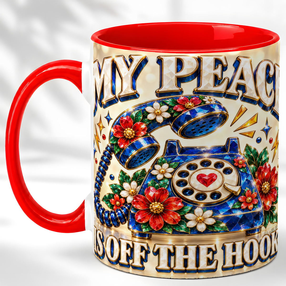 Jeweled Rotary Phone Coffee Mug, Floral Quote Mug, Ceramic Cup