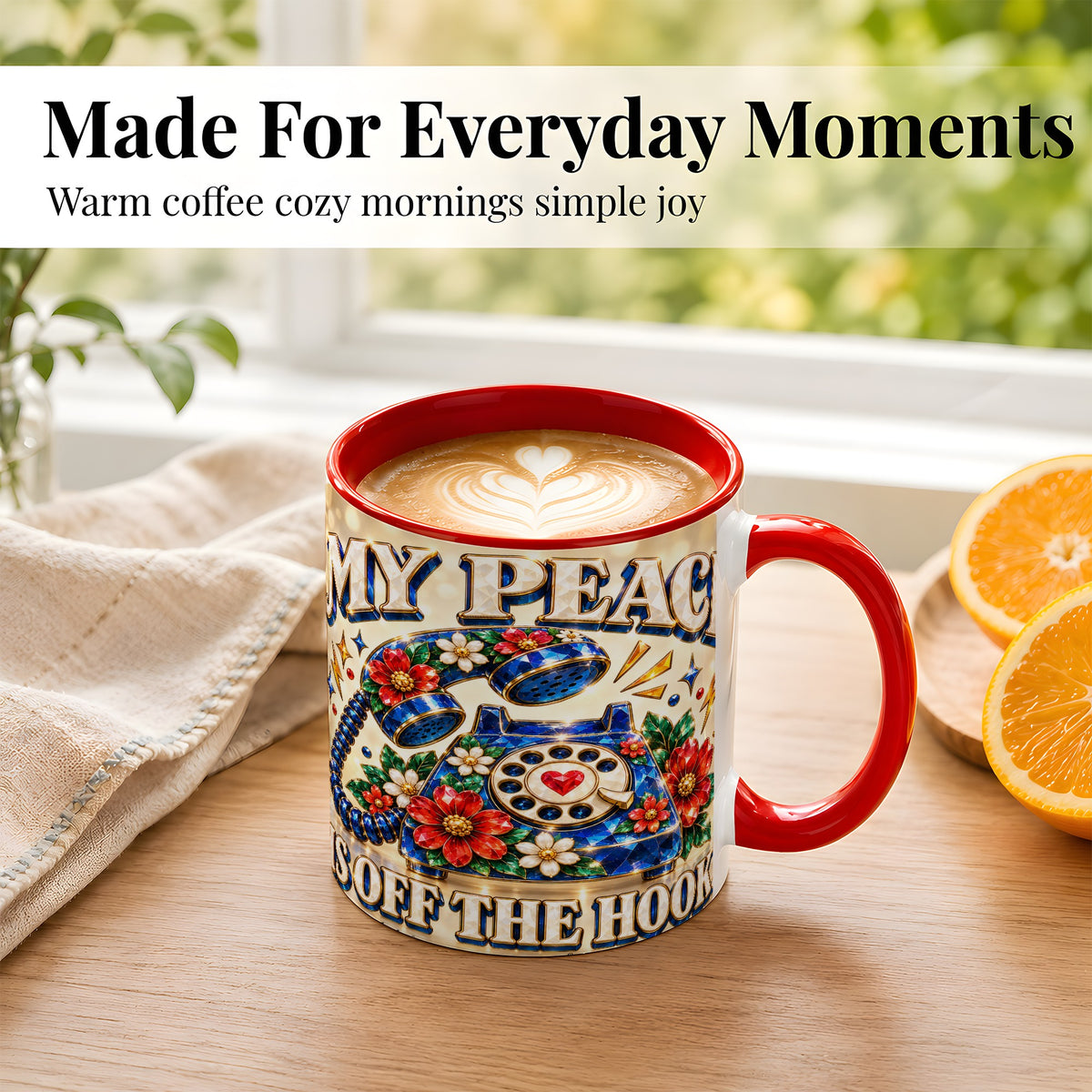 #pl[11oz|Red] Jeweled Rotary Phone Coffee Mug, Floral Quote Mug, Ceramic Cup