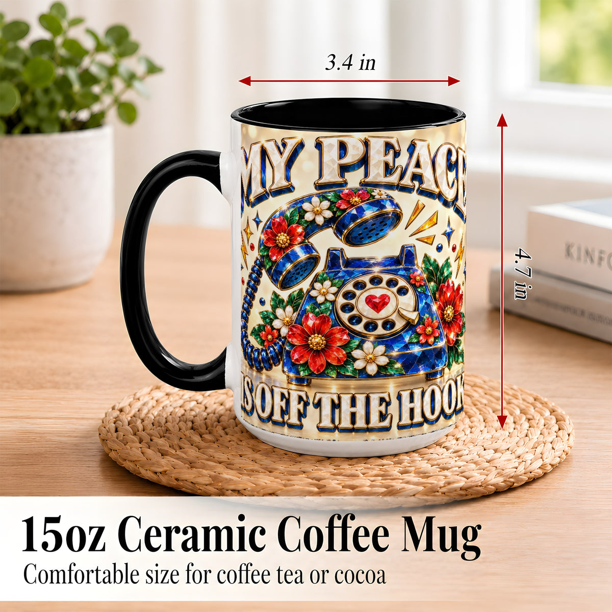 #pl[15oz|Black] Jeweled Rotary Phone Coffee Mug, Floral Quote Mug, Ceramic Cup