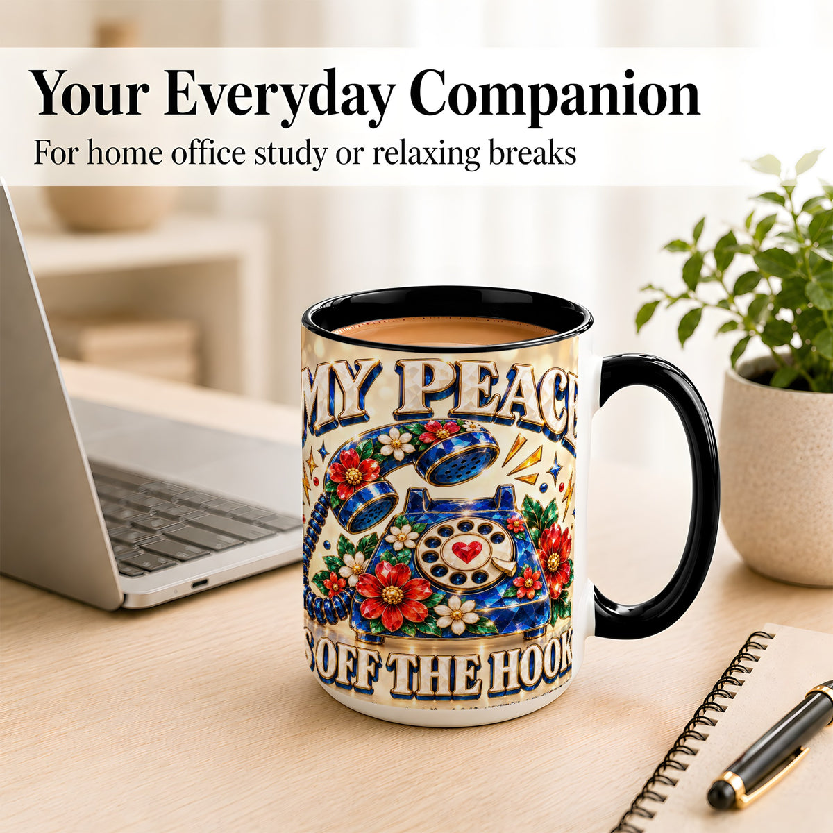 #pl[15oz|Black] Jeweled Rotary Phone Coffee Mug, Floral Quote Mug, Ceramic Cup
