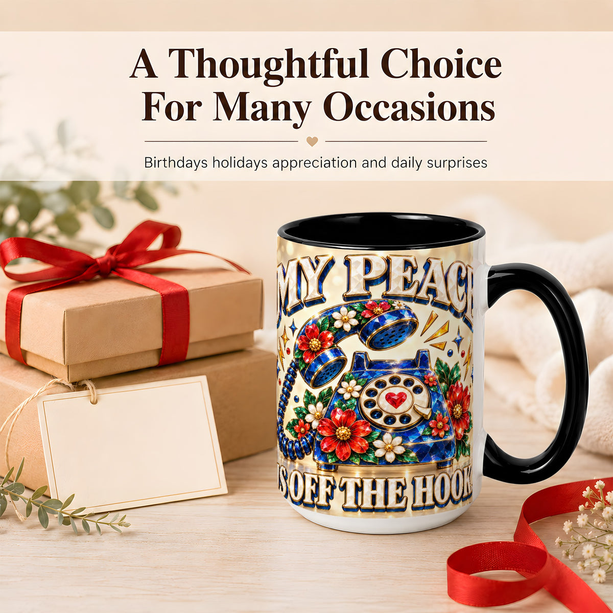 #pl[15oz|Black] Jeweled Rotary Phone Coffee Mug, Floral Quote Mug, Ceramic Cup