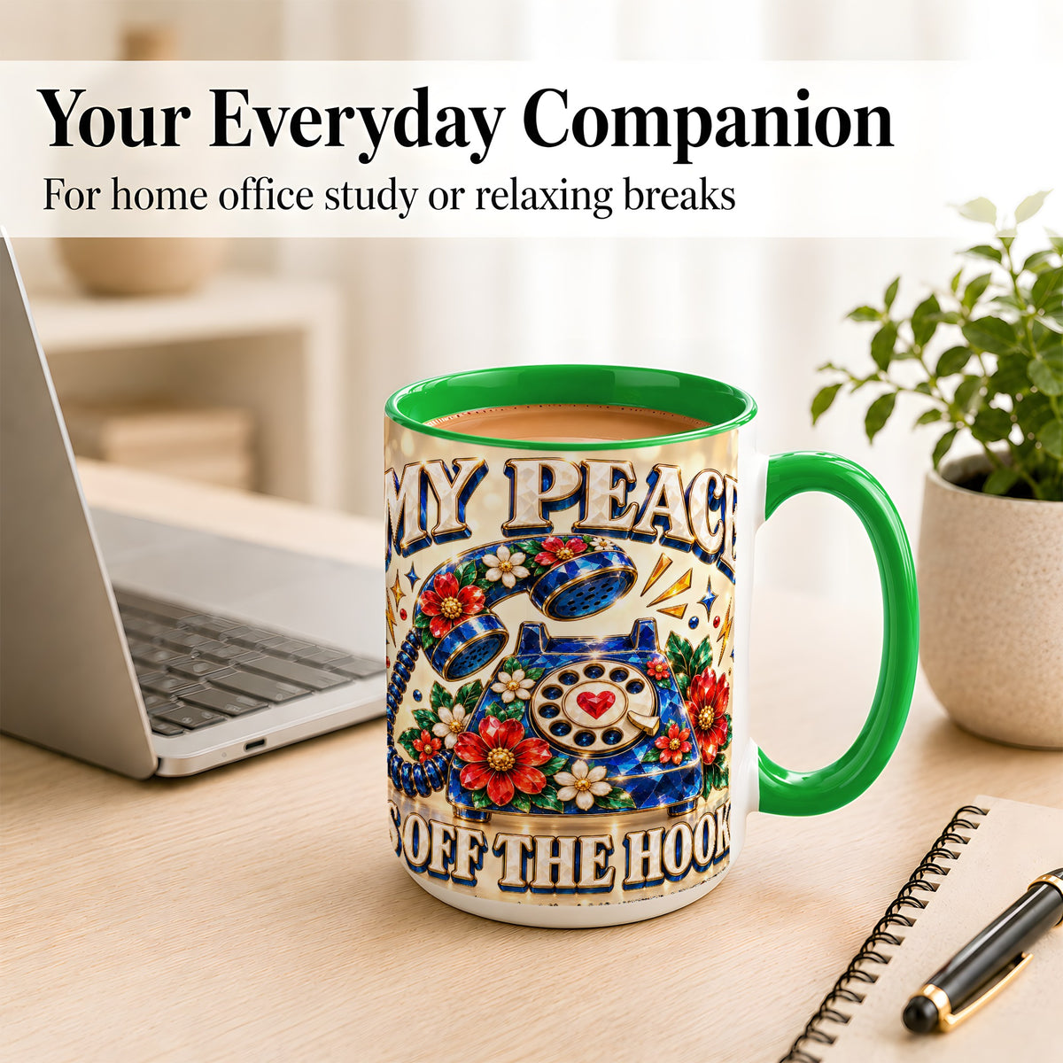 #pl[15oz|Green] Jeweled Rotary Phone Coffee Mug, Floral Quote Mug, Ceramic Cup