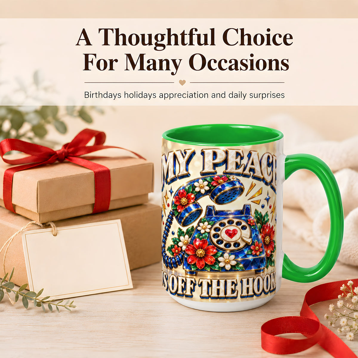 #pl[15oz|Green] Jeweled Rotary Phone Coffee Mug, Floral Quote Mug, Ceramic Cup