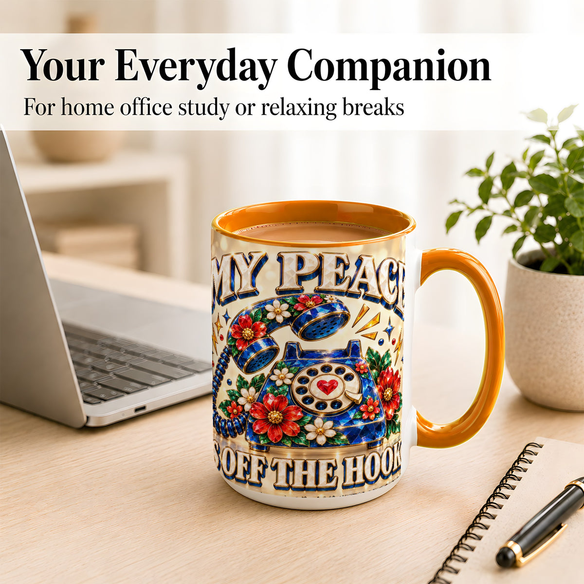 #pl[15oz|Orange] Jeweled Rotary Phone Coffee Mug, Floral Quote Mug, Ceramic Cup
