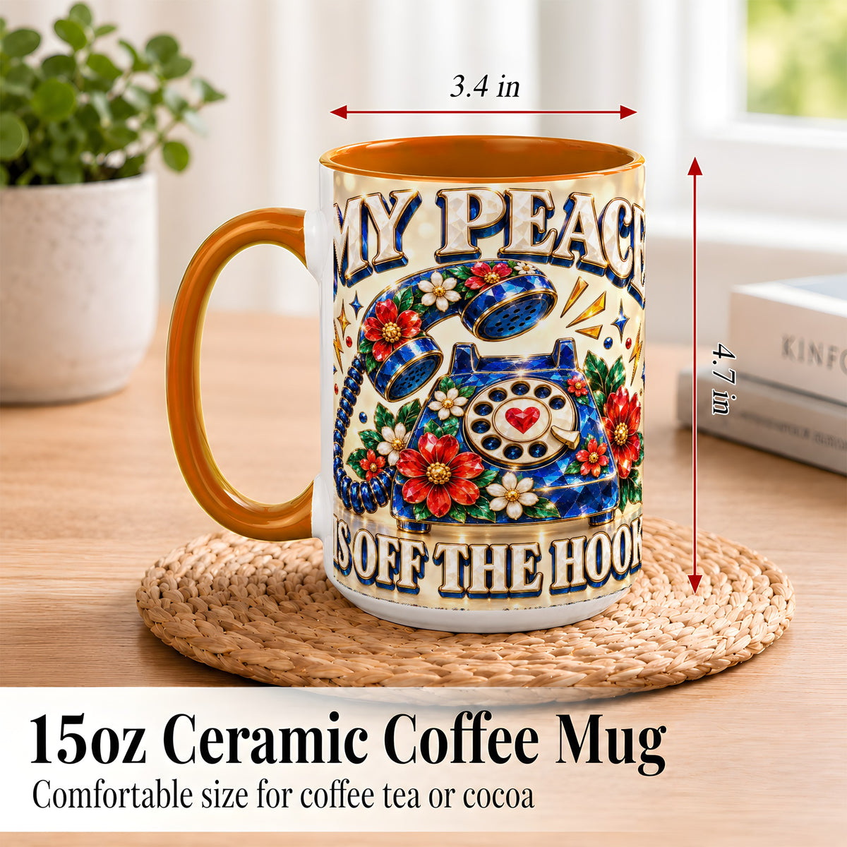 #pl[15oz|Orange] Jeweled Rotary Phone Coffee Mug, Floral Quote Mug, Ceramic Cup
