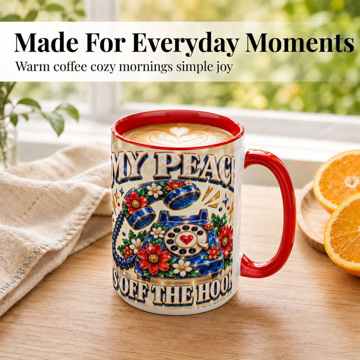 #pl[15oz|Red] Jeweled Rotary Phone Coffee Mug, Floral Quote Mug, Ceramic Cup