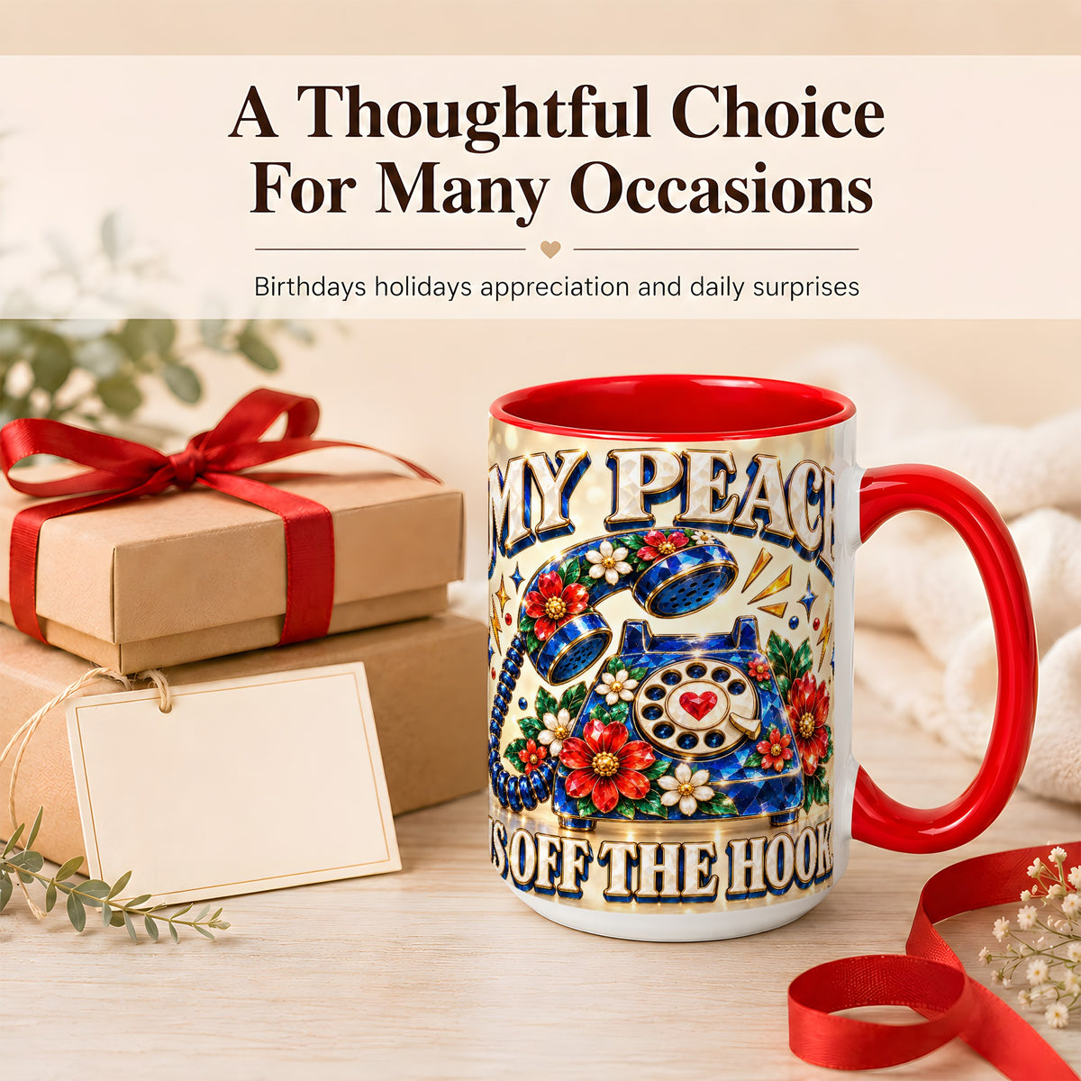 #pl[15oz|Red] Jeweled Rotary Phone Coffee Mug, Floral Quote Mug, Ceramic Cup