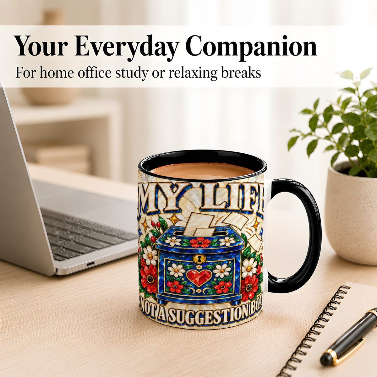 #pl[11oz|Black] Stained Glass Floral Box Coffee Mug, Witty Quote Mug, Ceramic Cup