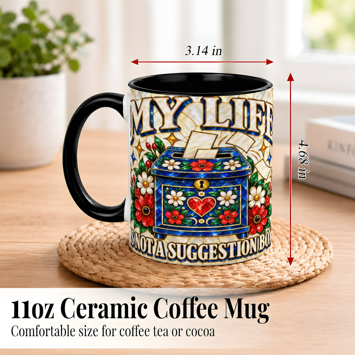 #pl[11oz|Black] Stained Glass Floral Box Coffee Mug, Witty Quote Mug, Ceramic Cup