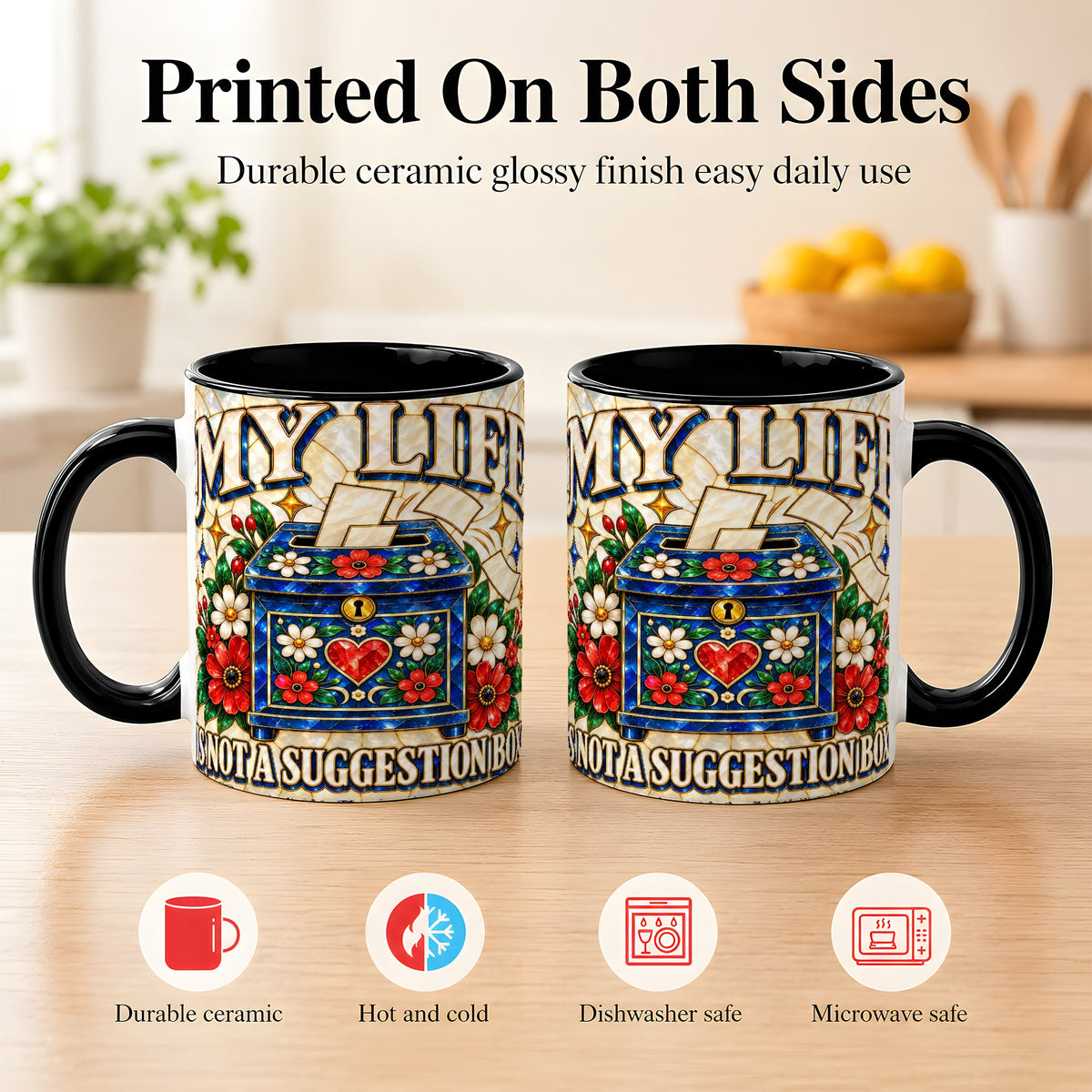 #pl[11oz|Black] Stained Glass Floral Box Coffee Mug, Witty Quote Mug, Ceramic Cup