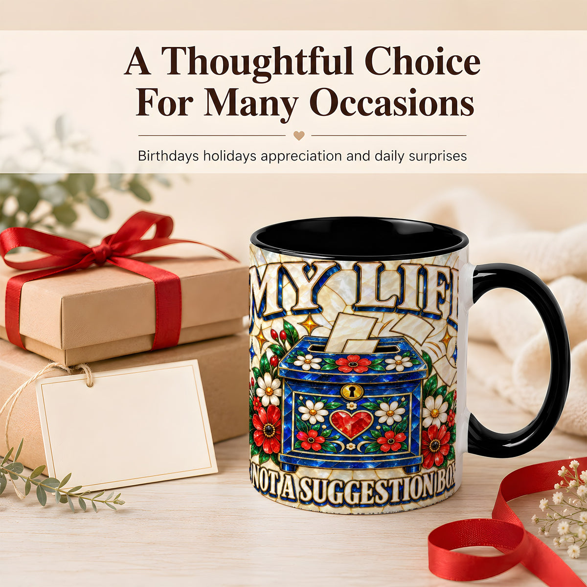 #pl[11oz|Black] Stained Glass Floral Box Coffee Mug, Witty Quote Mug, Ceramic Cup