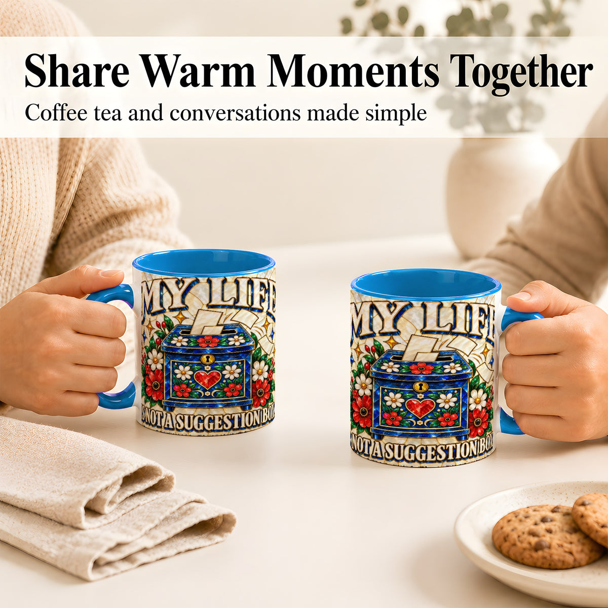 #pl[11oz|Blue] Stained Glass Floral Box Coffee Mug, Witty Quote Mug, Ceramic Cup