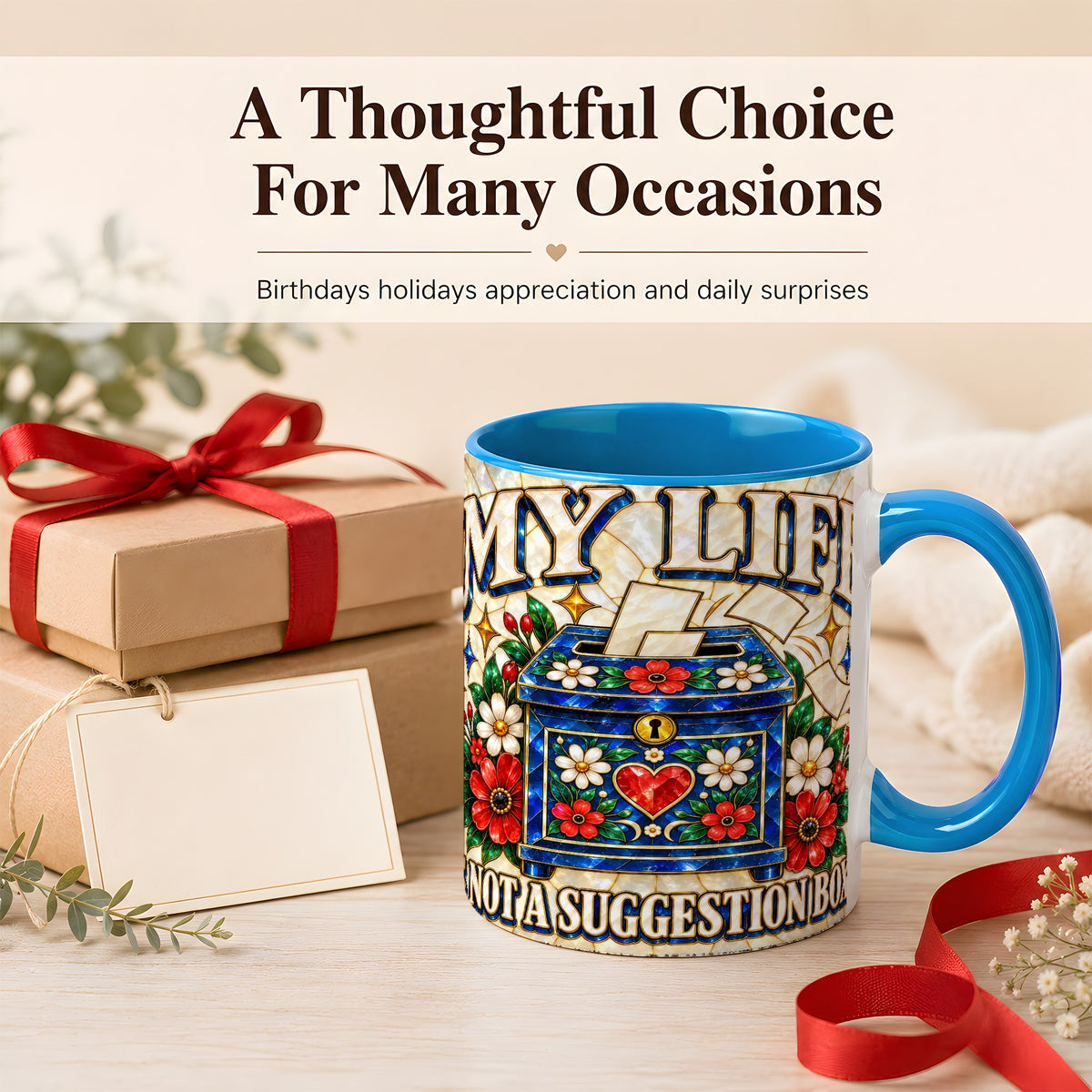 #pl[11oz|Blue] Stained Glass Floral Box Coffee Mug, Witty Quote Mug, Ceramic Cup