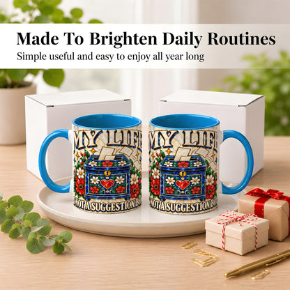 #pl[11oz|Blue] Stained Glass Floral Box Coffee Mug, Witty Quote Mug, Ceramic Cup