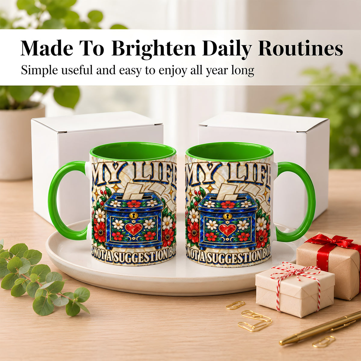 #pl[11oz|Green] Stained Glass Floral Box Coffee Mug, Witty Quote Mug, Ceramic Cup