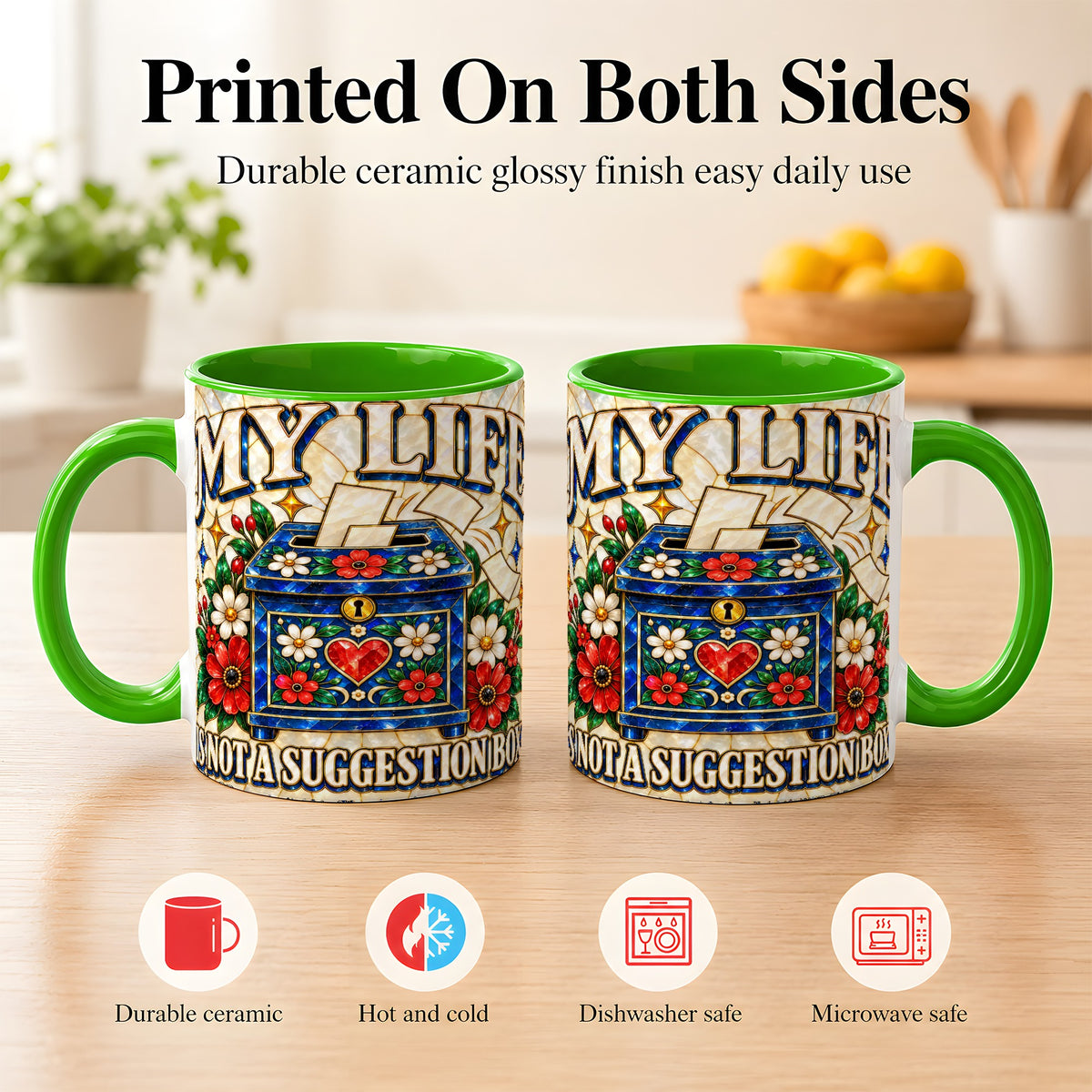 #pl[11oz|Green] Stained Glass Floral Box Coffee Mug, Witty Quote Mug, Ceramic Cup