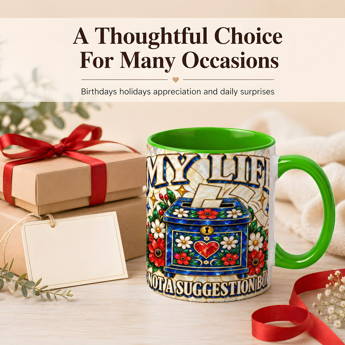 #pl[11oz|Green] Stained Glass Floral Box Coffee Mug, Witty Quote Mug, Ceramic Cup