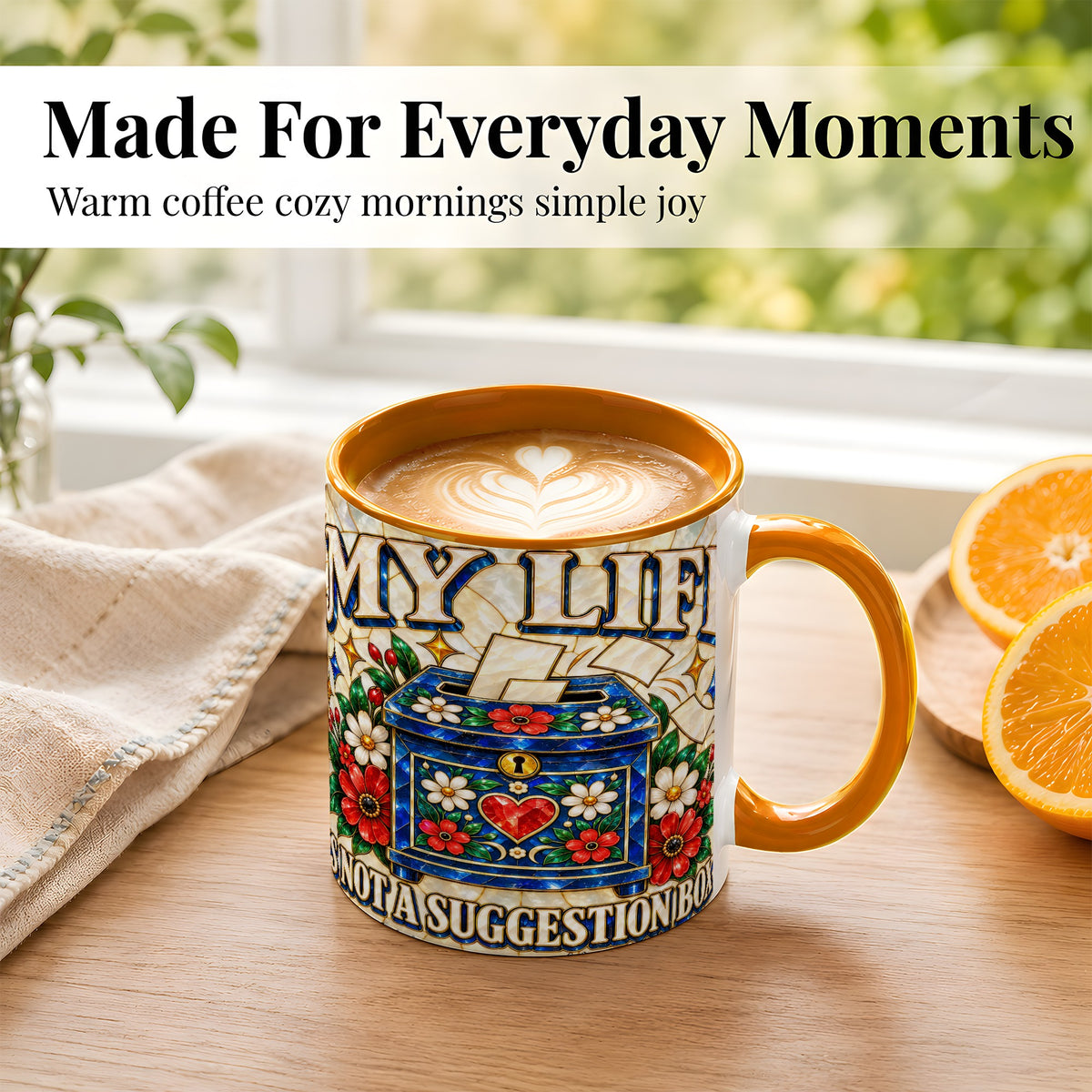 #pl[11oz|Orange] Stained Glass Floral Box Coffee Mug, Witty Quote Mug, Ceramic Cup