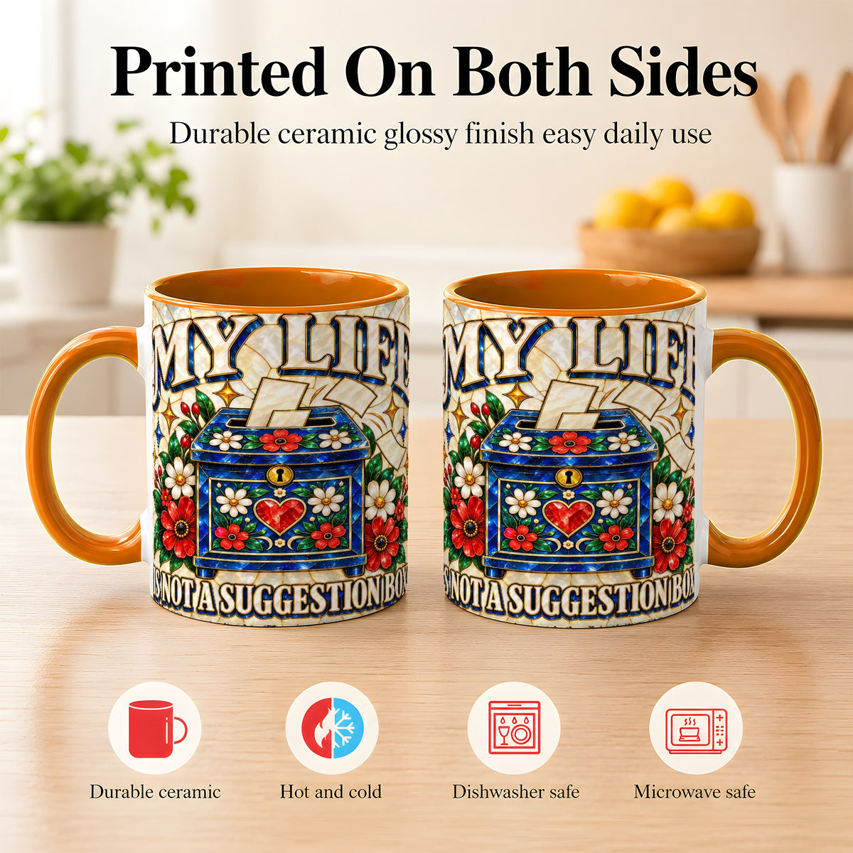 #pl[11oz|Orange] Stained Glass Floral Box Coffee Mug, Witty Quote Mug, Ceramic Cup