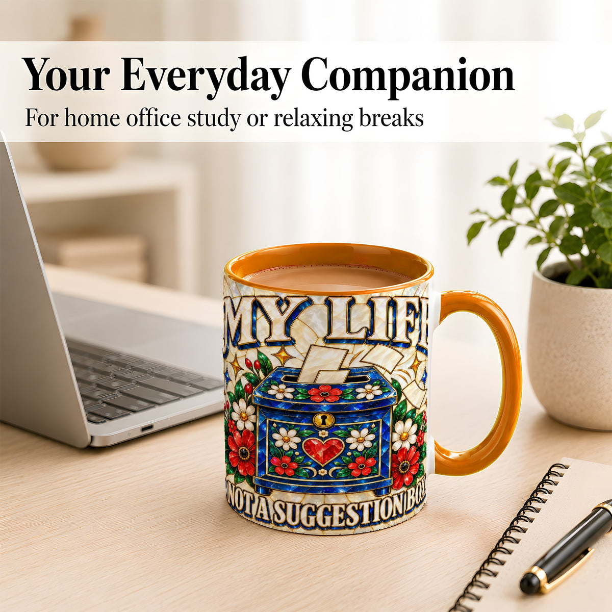 #pl[11oz|Orange] Stained Glass Floral Box Coffee Mug, Witty Quote Mug, Ceramic Cup
