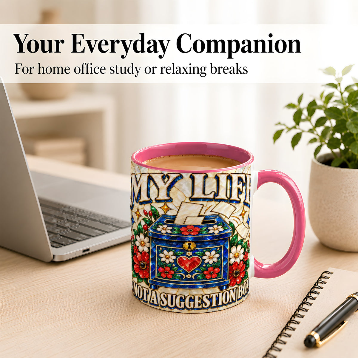 #pl[11oz|Pink] Stained Glass Floral Box Coffee Mug, Witty Quote Mug, Ceramic Cup