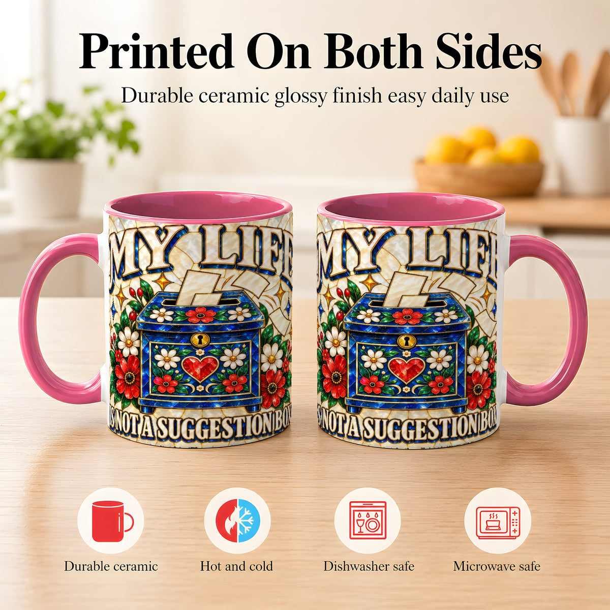 #pl[11oz|Pink] Stained Glass Floral Box Coffee Mug, Witty Quote Mug, Ceramic Cup