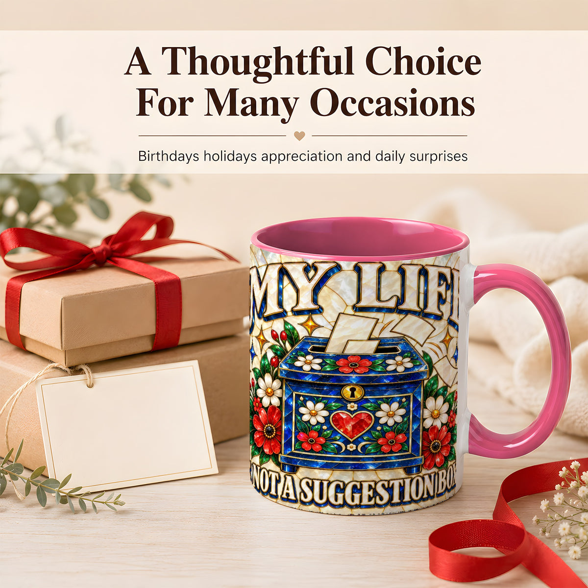 #pl[11oz|Pink] Stained Glass Floral Box Coffee Mug, Witty Quote Mug, Ceramic Cup