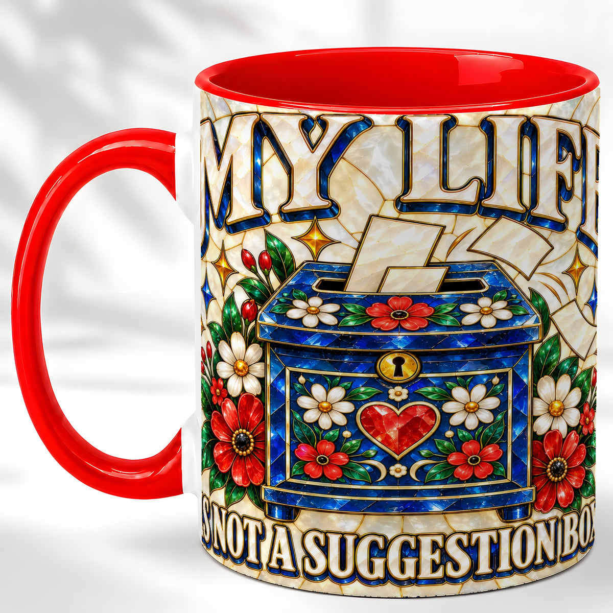 Stained Glass Floral Box Coffee Mug, Witty Quote Mug, Ceramic Cup