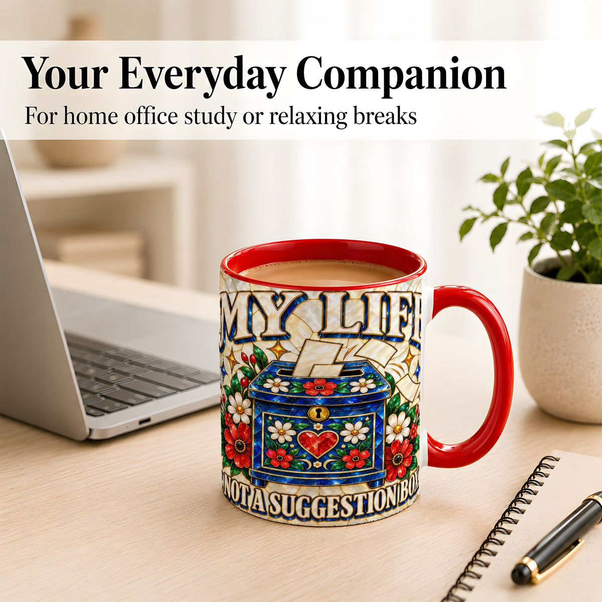#pl[11oz|Red] Stained Glass Floral Box Coffee Mug, Witty Quote Mug, Ceramic Cup
