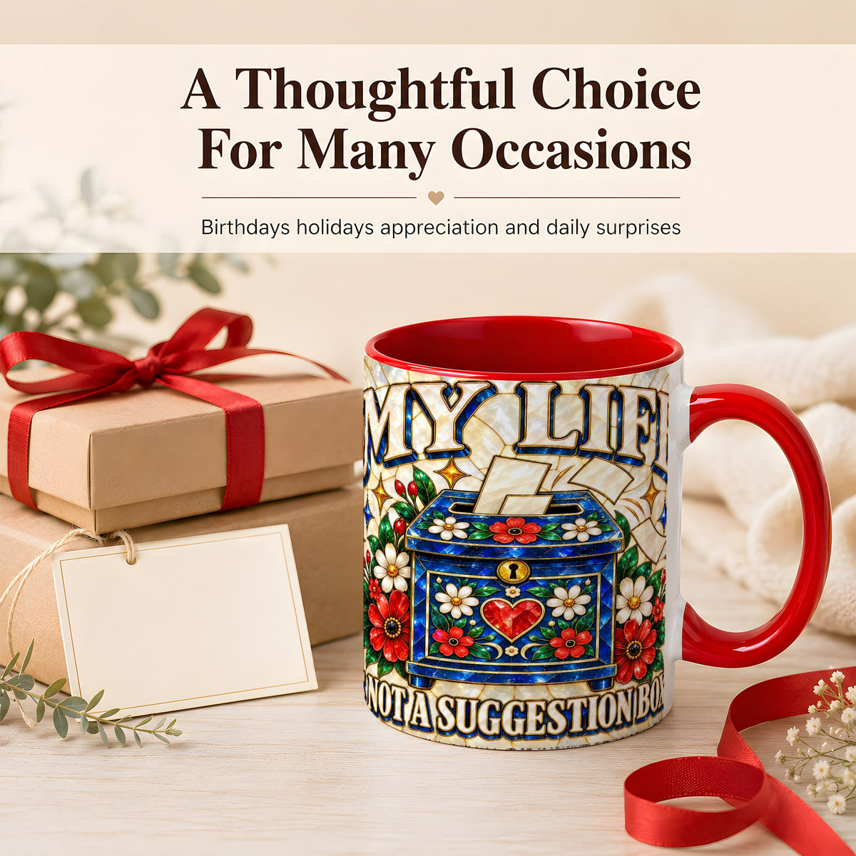 #pl[11oz|Red] Stained Glass Floral Box Coffee Mug, Witty Quote Mug, Ceramic Cup