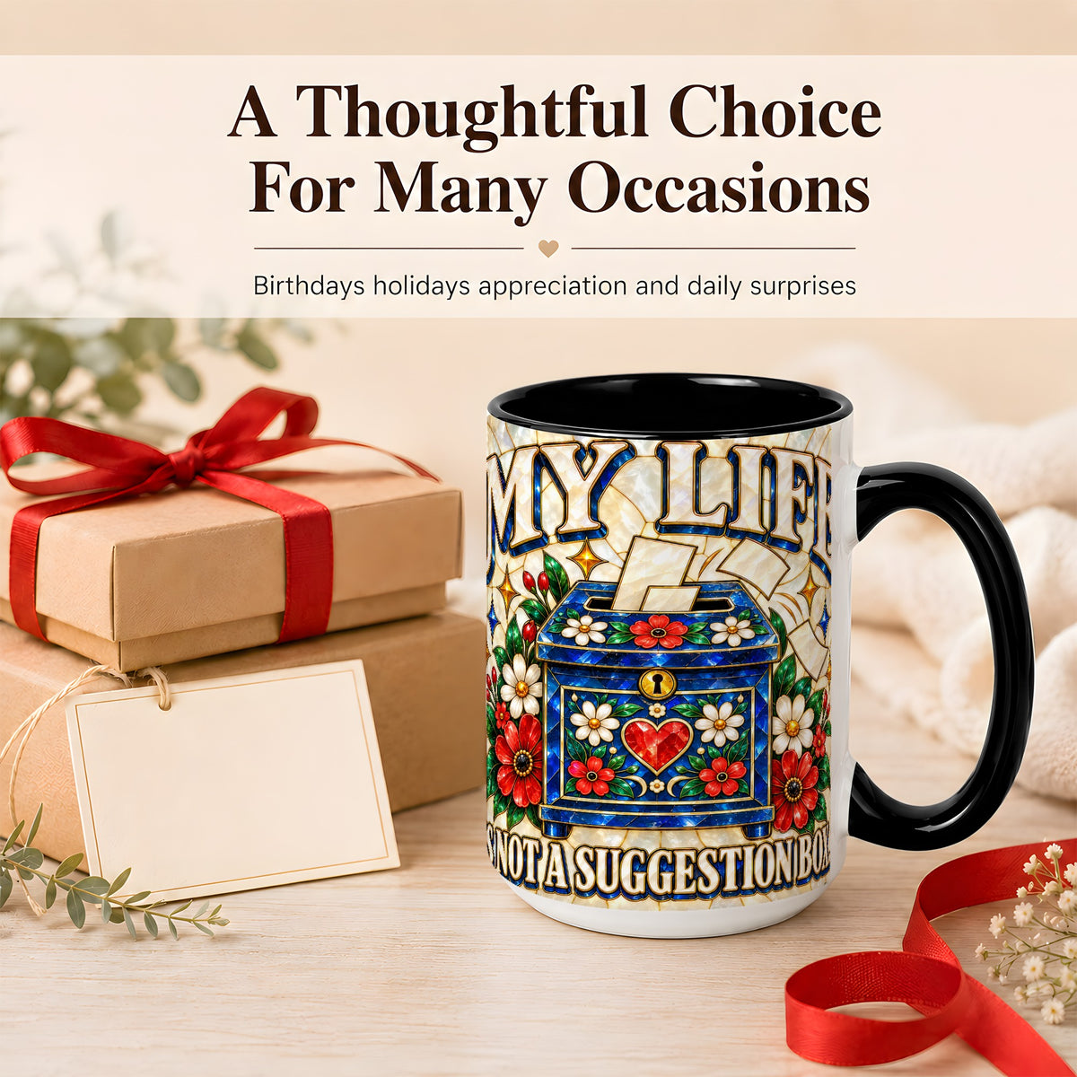 #pl[15oz|Black] Stained Glass Floral Box Coffee Mug, Witty Quote Mug, Ceramic Cup