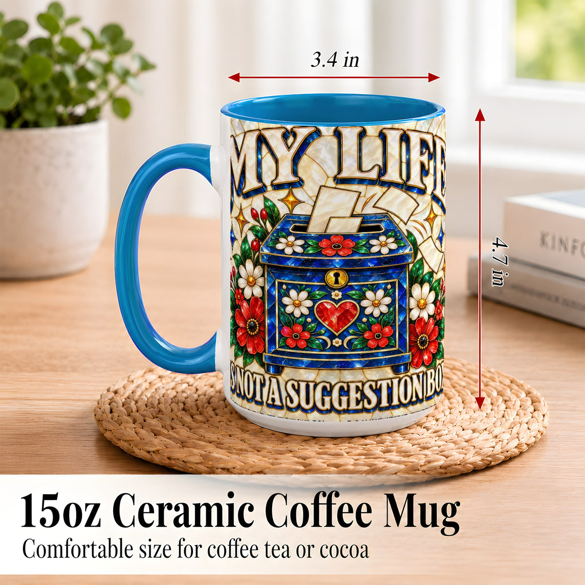 #pl[15oz|Blue] Stained Glass Floral Box Coffee Mug, Witty Quote Mug, Ceramic Cup
