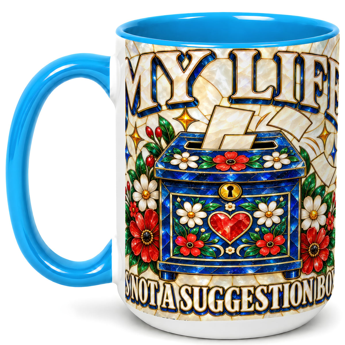#pl[15oz|Blue] Stained Glass Floral Box Coffee Mug, Witty Quote Mug, Ceramic Cup