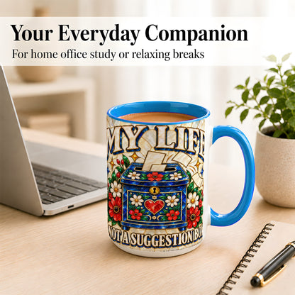 #pl[15oz|Blue] Stained Glass Floral Box Coffee Mug, Witty Quote Mug, Ceramic Cup