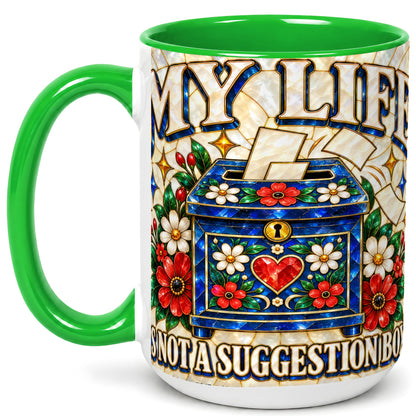 #pl[15oz|Green] Stained Glass Floral Box Coffee Mug, Witty Quote Mug, Ceramic Cup