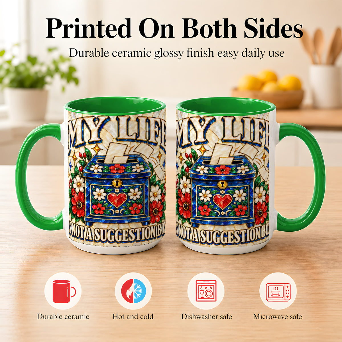 #pl[15oz|Green] Stained Glass Floral Box Coffee Mug, Witty Quote Mug, Ceramic Cup