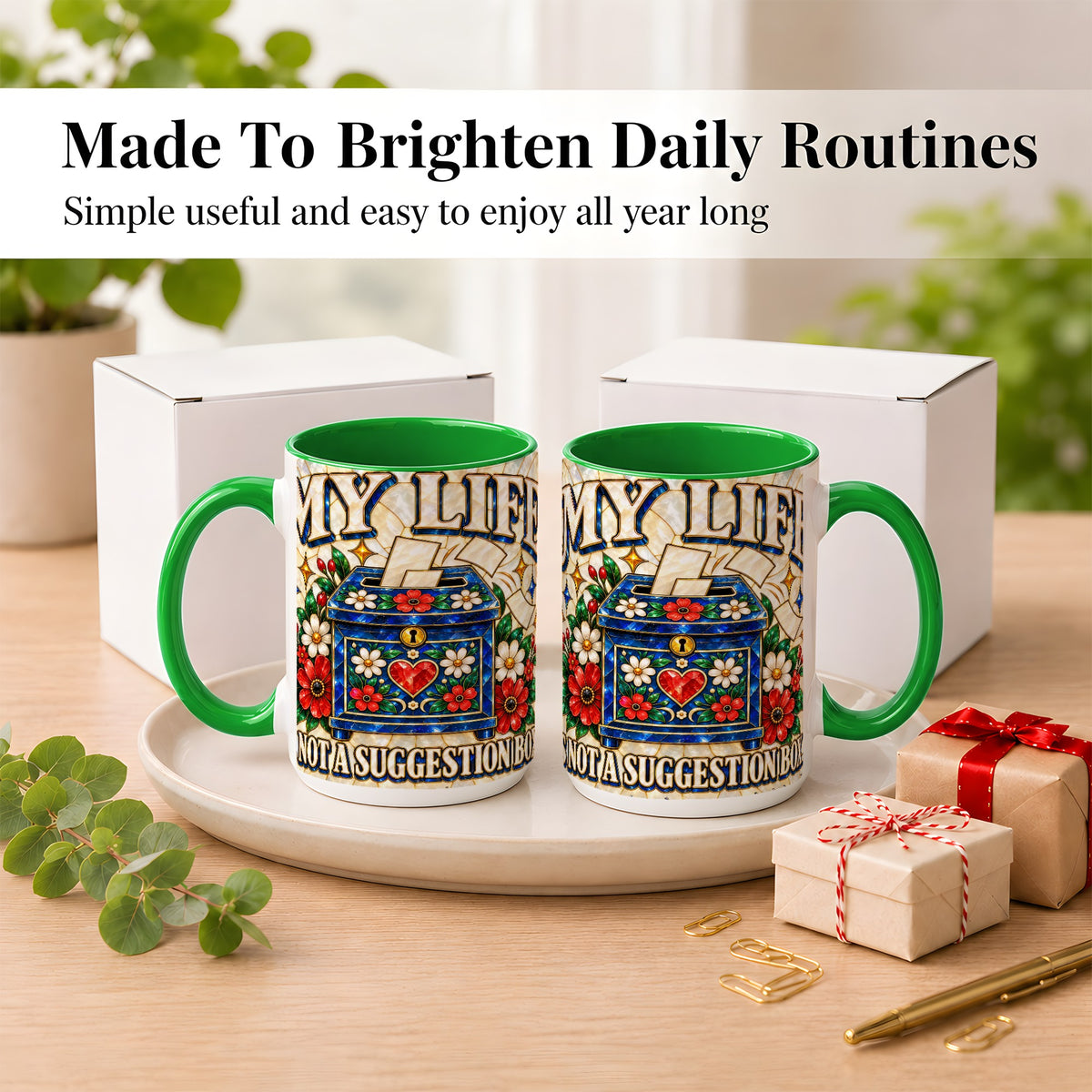 #pl[15oz|Green] Stained Glass Floral Box Coffee Mug, Witty Quote Mug, Ceramic Cup